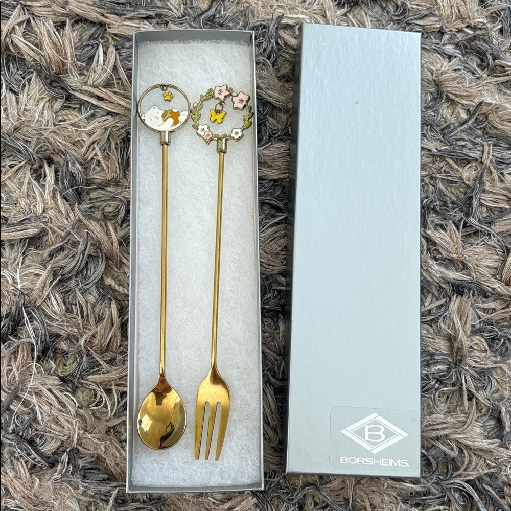 Gold Enamel Fork and Spoon Set With Cute Dangling Charms Hand Crafted
